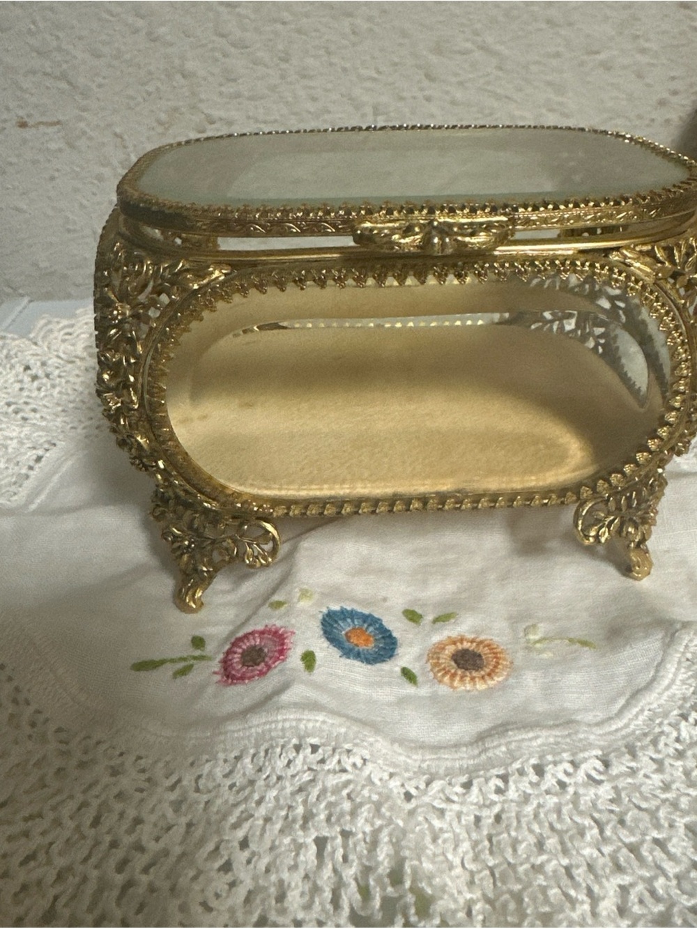 Gold Glass Jewelry Trinket Box - Elegant Decorative Jewelry Case